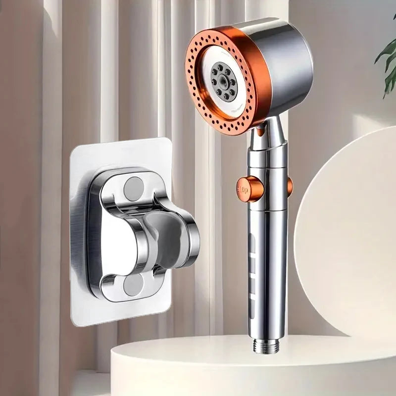 New High Pressure Water Saving Filter Shower Head 5 Modes Handheld Shower Head One Button Stop Bathroom Accessories Set Oasis Select Orange-Bracket