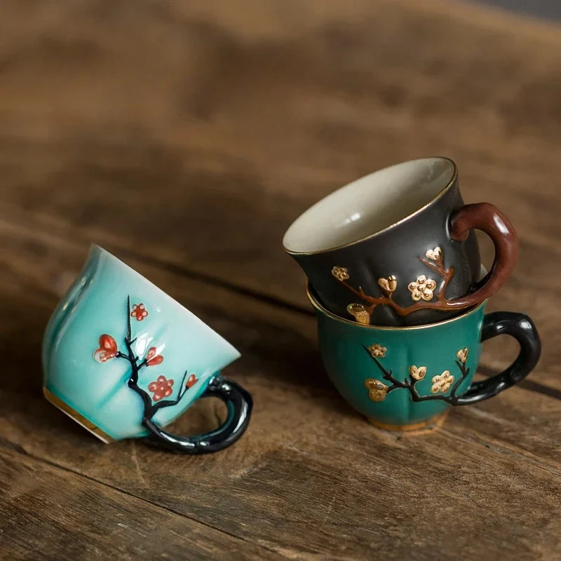 Chinese Handmade Plum Pattern Ceramic Tea Cup Small Coffee Cups with Handle China Porcelain Mugs Tea Set Oasis Select