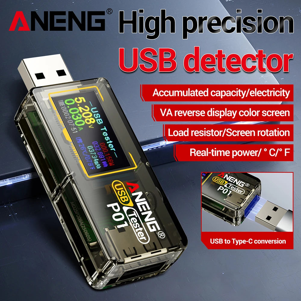 ANENG P01 USB Type-C Voltmeter Ammeter Capacity Tester High Precision DC 4-32V 0-6A Digital Power Bank Detector Tools Oasis Select