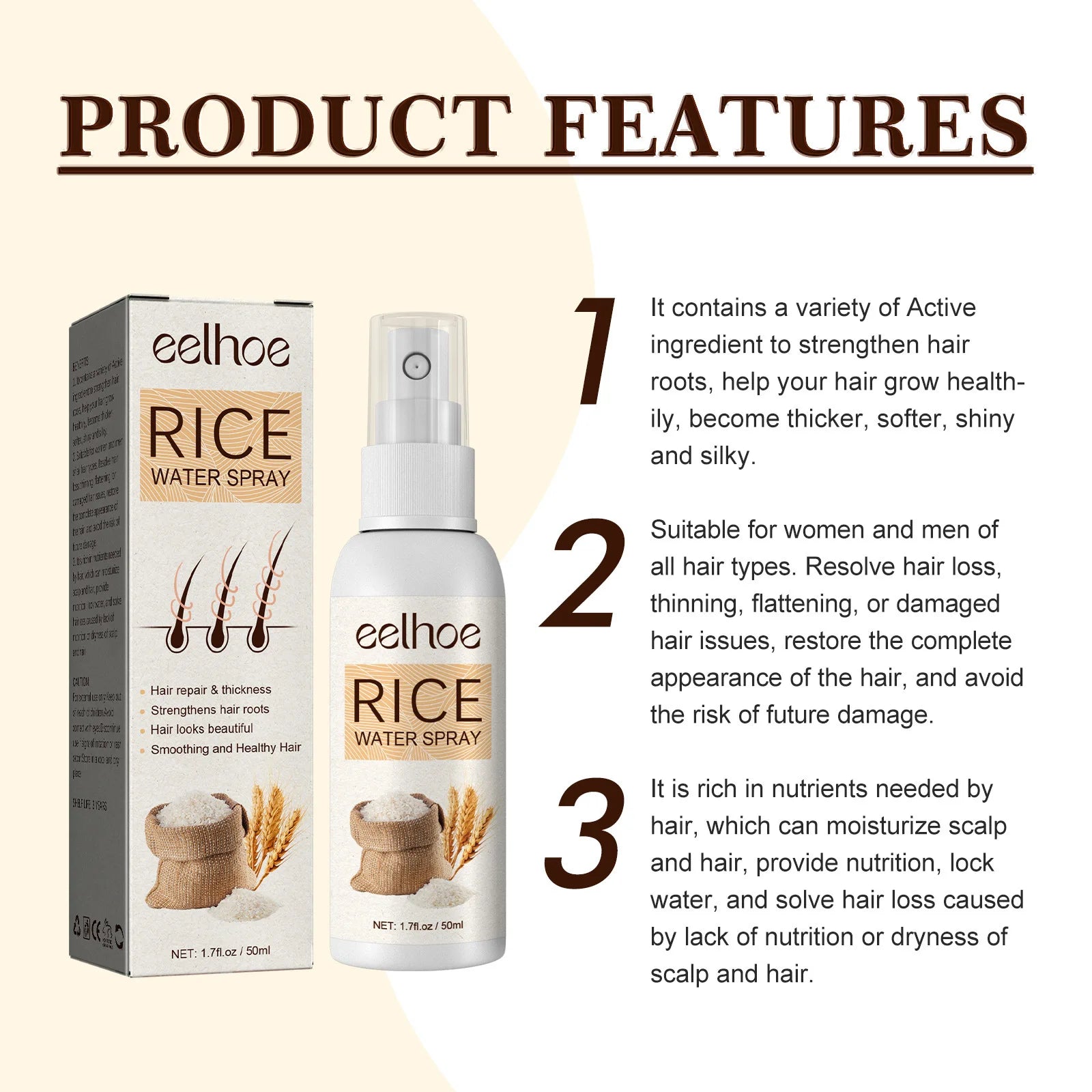 EELHOE Rice Water for Hair Growth Spray Improve Dry Damaged Hair Nourish Vitamins for Healthy Hair Regeneration Treatment Spray Oasis Select