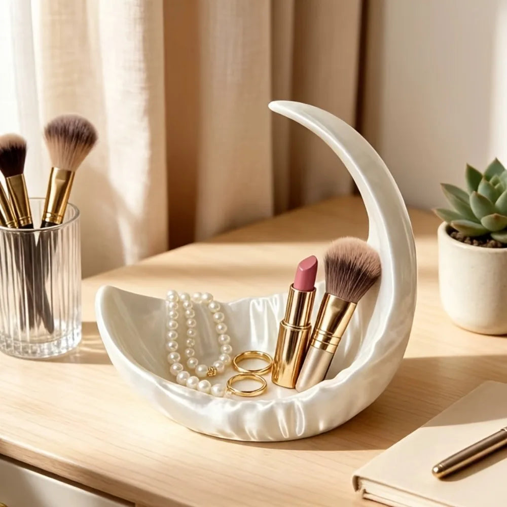Luxury Pearl MoonStorage Plate Multi Purpose Desktop Display Dish Makeup Trinket Holder Bedroom Dressing Table Decoration Oasis Select
