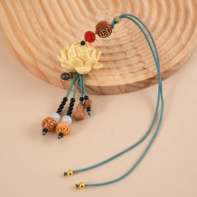 Lotus Car Hanging Ornament Peace Blessing Beaded Tassel Pendant Rearview Mirror Decor Charm For Auto Interior Festival Gift Oasis Select Boxwood