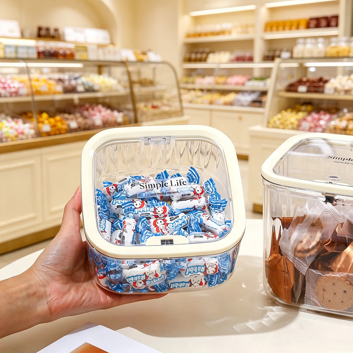 1pc transparent tape cover press type candy storage box stackable plastic snack organizer can home desktop storage box Oasis Select