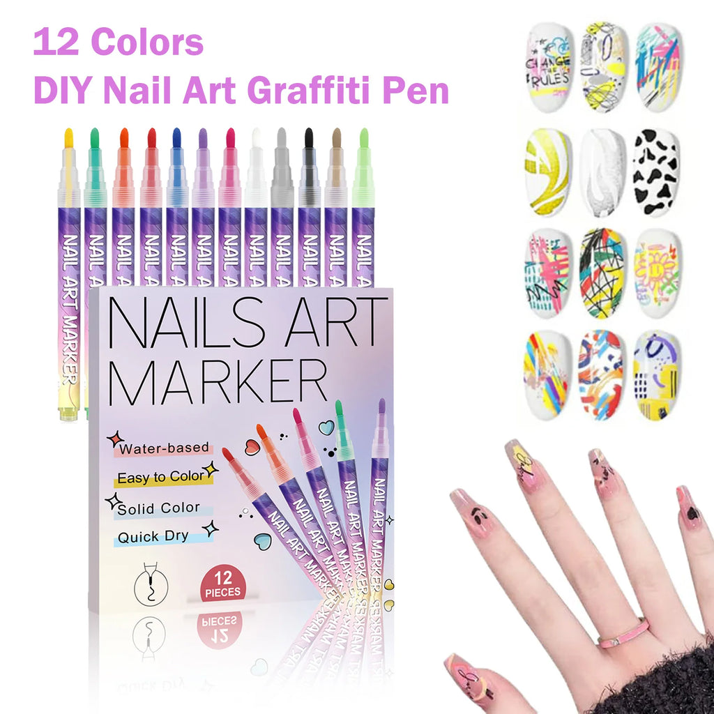 12-Color Nail Art Pens – 3D Doodle, Dotting & Liner Set Nail Art Pen Set Oasis Select