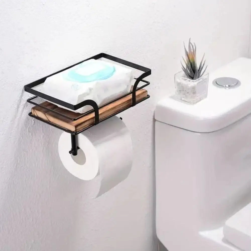 Rustic Wood & Iron Wall-Mounted Toilet Paper Holder with Shelf