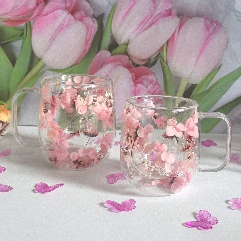 2pcs Double-Layer Insulated Glass Cup with An Internal Floral Pattern Design, Suitable for Coffee, Tea, and Cocktails Drinkware Oasis Select