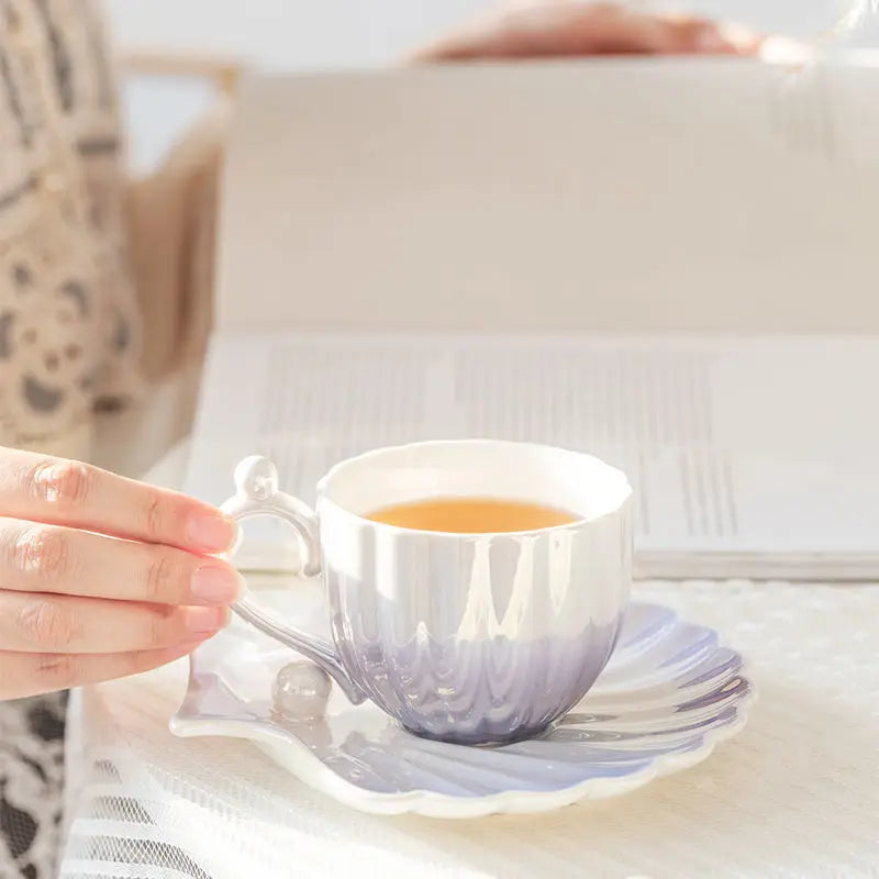 Shell Ceramic Mugs, Women's Coffee Water Cups Household Pearl Cup and Dish Sets High Appearance Level Cups Oasis Select