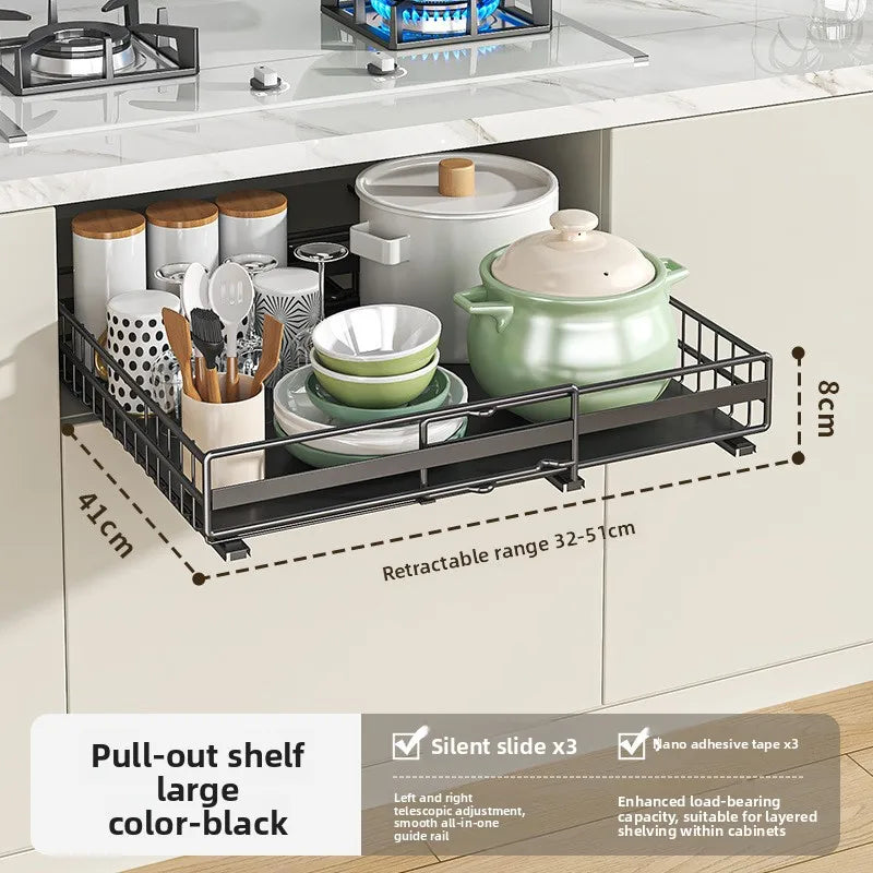 Kitchen retractable storage rack No punching, drawer type, pots, seasonings, dishes, basket, sink, pull rack Oasis Select Black 1piece set D