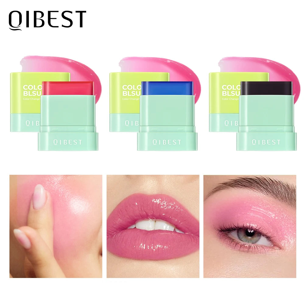 QIBEST 3 Colors Jelly Blush Stick Lip Balm Eyes 3-in-1 Multi-Use Matte Blush Moisturize Brighten Lipstick Watercolor Cosmetics Oasis Select