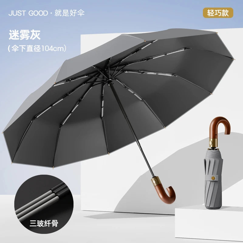 Automatic Umbrella Bent Hook Wooden Handle Umbrella Large Double Thickened Storm Resistant Umbrella Oasis Select Grey 104cm 10K metal-fiber composite