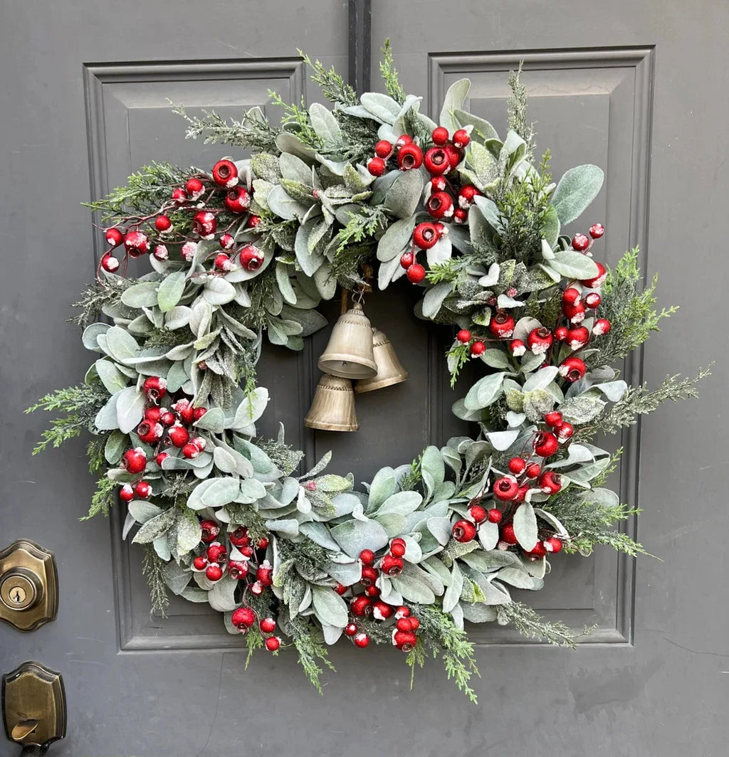 Christmas Red Berry Bell Garland Pine Leaves Flocked Leaves Patio Holiday Decoration Door Hanging Party Decoration Oasis Select