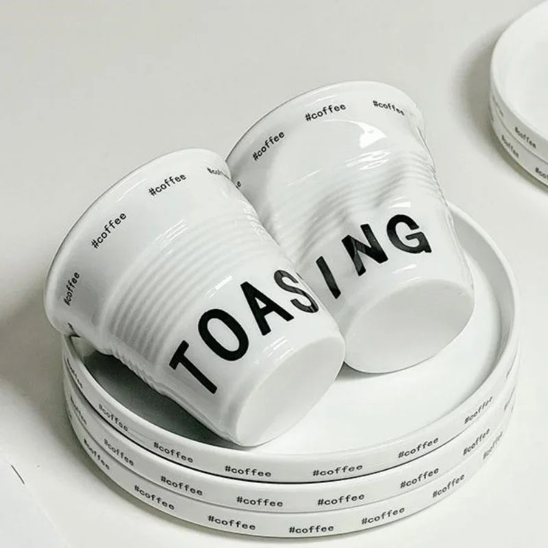 200ml Coffee Mug French Pleated Irregular White Ceramic Nordic Creative Design Wrinkle Cup Tumbler with English Letter Milk Cup Oasis Select