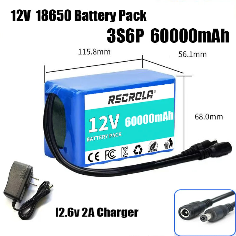 Rechargeable 12V 18650 Lithium Battery Pack with BMS, for Solar, LED Light, RC Model, Power Supply, Long Cycle Life with Charger Oasis Select 3s6p 60Ah