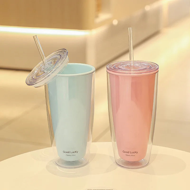 750ml Plastic Straw Cups Double-Layer with Straw Large Capacity Reusable Water Bottle for Drinking Coffee Mug Juice Milk Cup Oasis Select