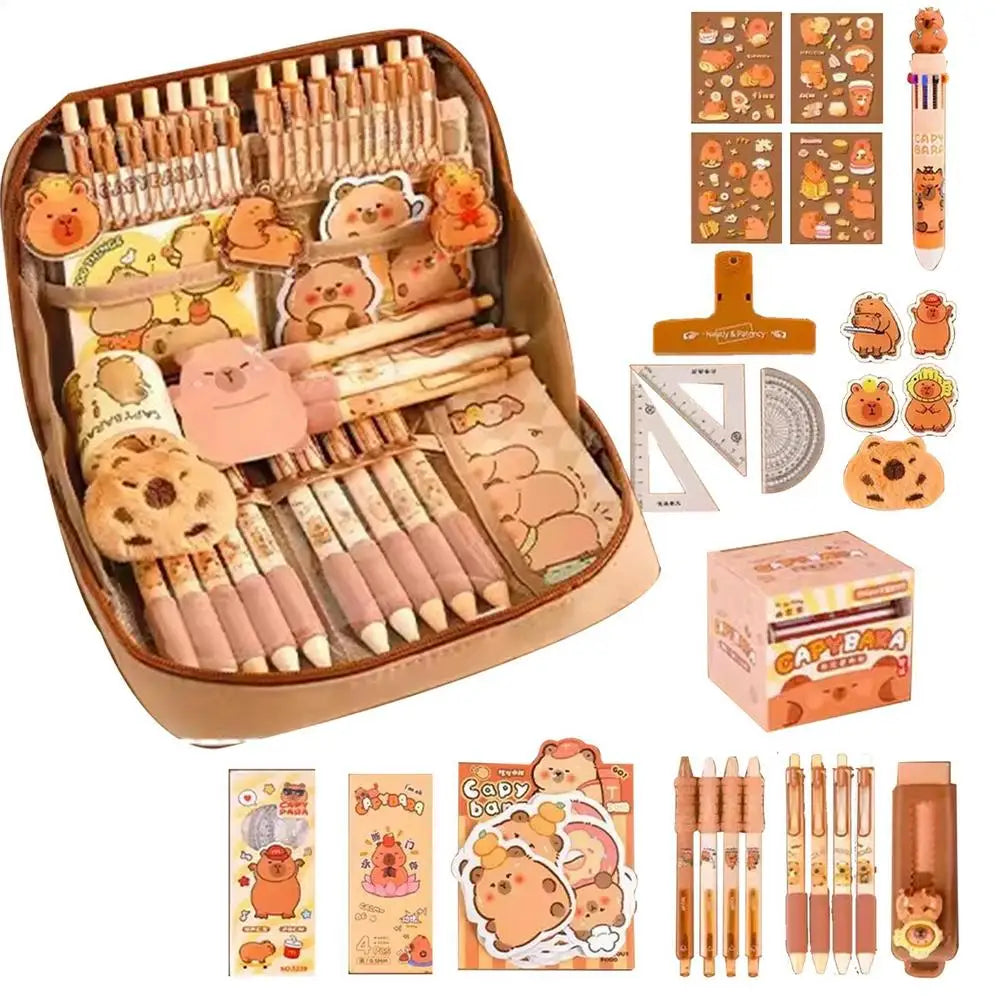 Capybara Stationery Set Portable Stationary Bag Cute Pencil Case with Pens Clips Rulers and More Wide Opening Pencil Organizer Oasis Select Upgrade