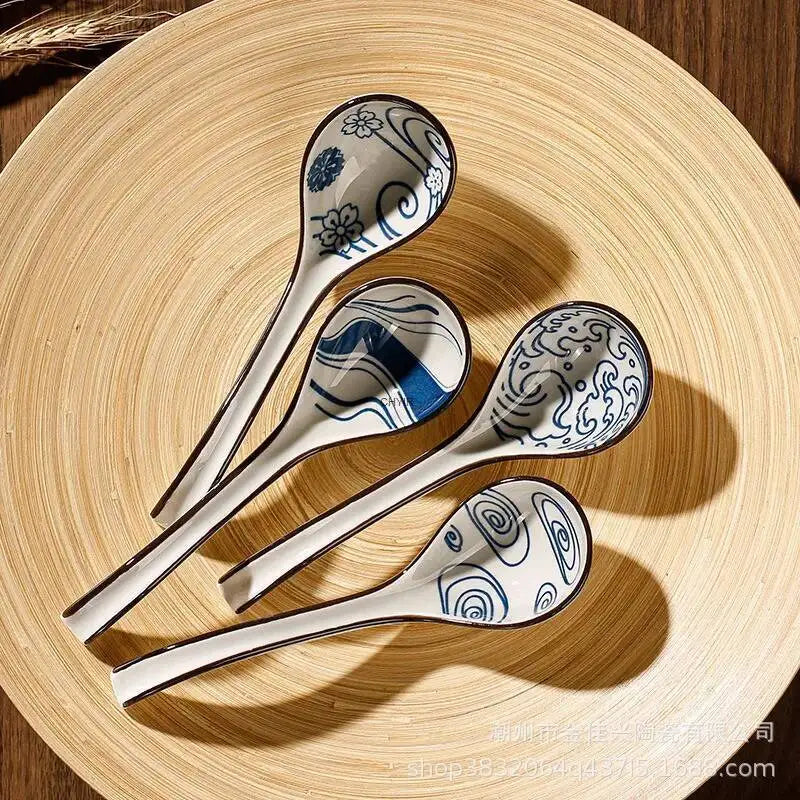 Japanese Blue And White Ceramic Spoon Extended Length For Soup And Noodle Serving Kitchen Tablewear Oasis Select