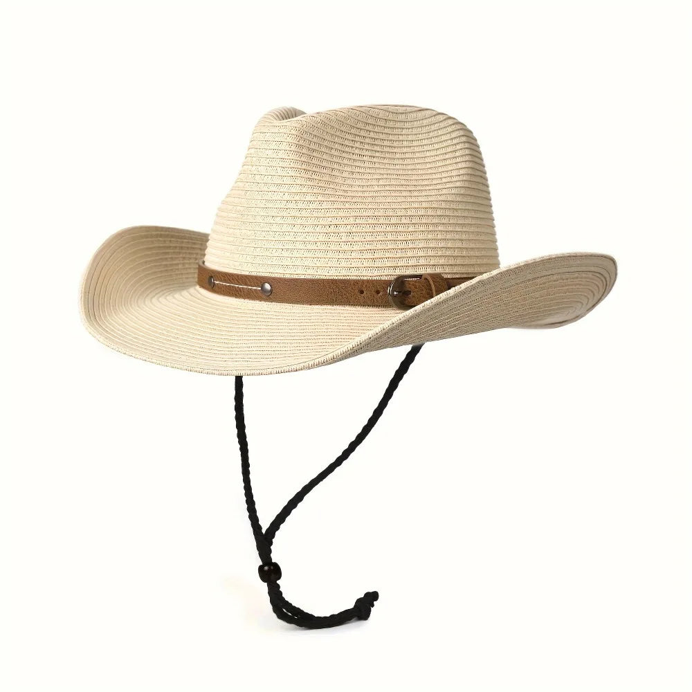 Foldable Unisex Wide Brim Straw Cowboy Hat, Sun Protection Western Cowgirl/Cowboy Hat, Summer Beach Sun Hat With Wind Lanyard Oasis Select Beige