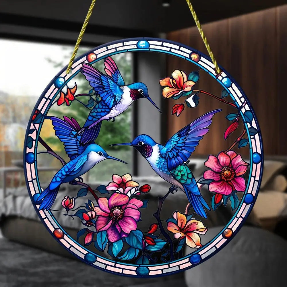 NEW Acrylic Painted Hummingbird Pendant Bird Floral Pattern Suncatcher Round Wreath Porch Window Outdoor Patio Hanging Ornaments Oasis Select Style D-8cm