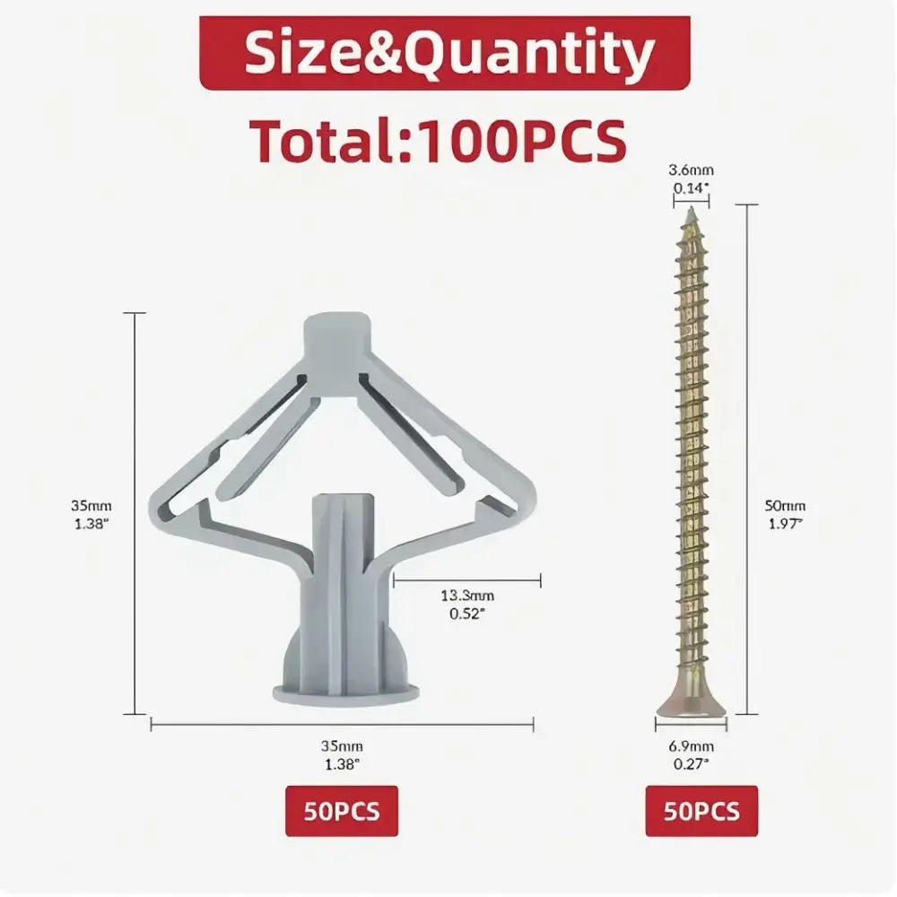 100pcs Drywall Anchor Kit Hollow Wall Anchors Plasterboard Plugs Screws Butterfly Expansion Tube Pipe 50 Set Oasis Select