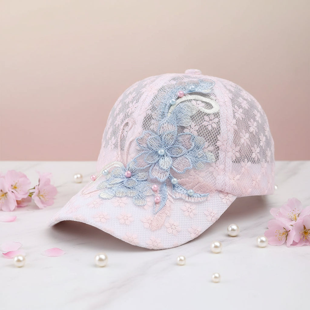 White Pink Lace Baseball Cap Embroidered Flowers Duck Tongue Breathable Baseball Cap Elegant Rebound Cap Hollow Out Baseball Cap Oasis Select Pink