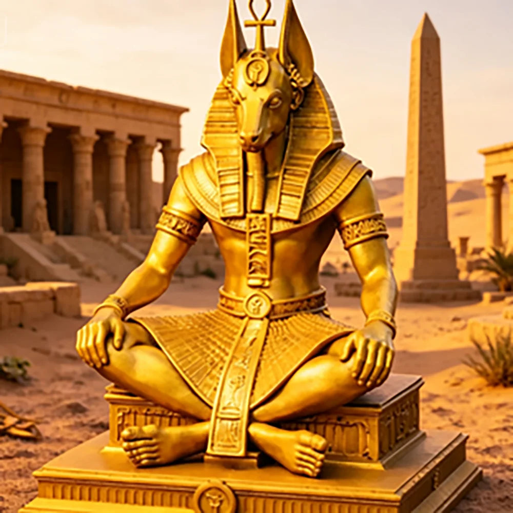 Gold Plated Anubis Guardian Sculpture Ancient Egyptian Jackal God Sitting Statue Spiritual Altar Tabletop Decor Collectible Oasis Select