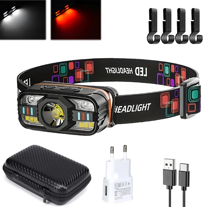 6 Modes LED Headlight Handfress Motion Sensor Powerful Headlamp Head Lamp COB Flashlight Torch Head Light For Camping, Fishing Oasis Select Set B