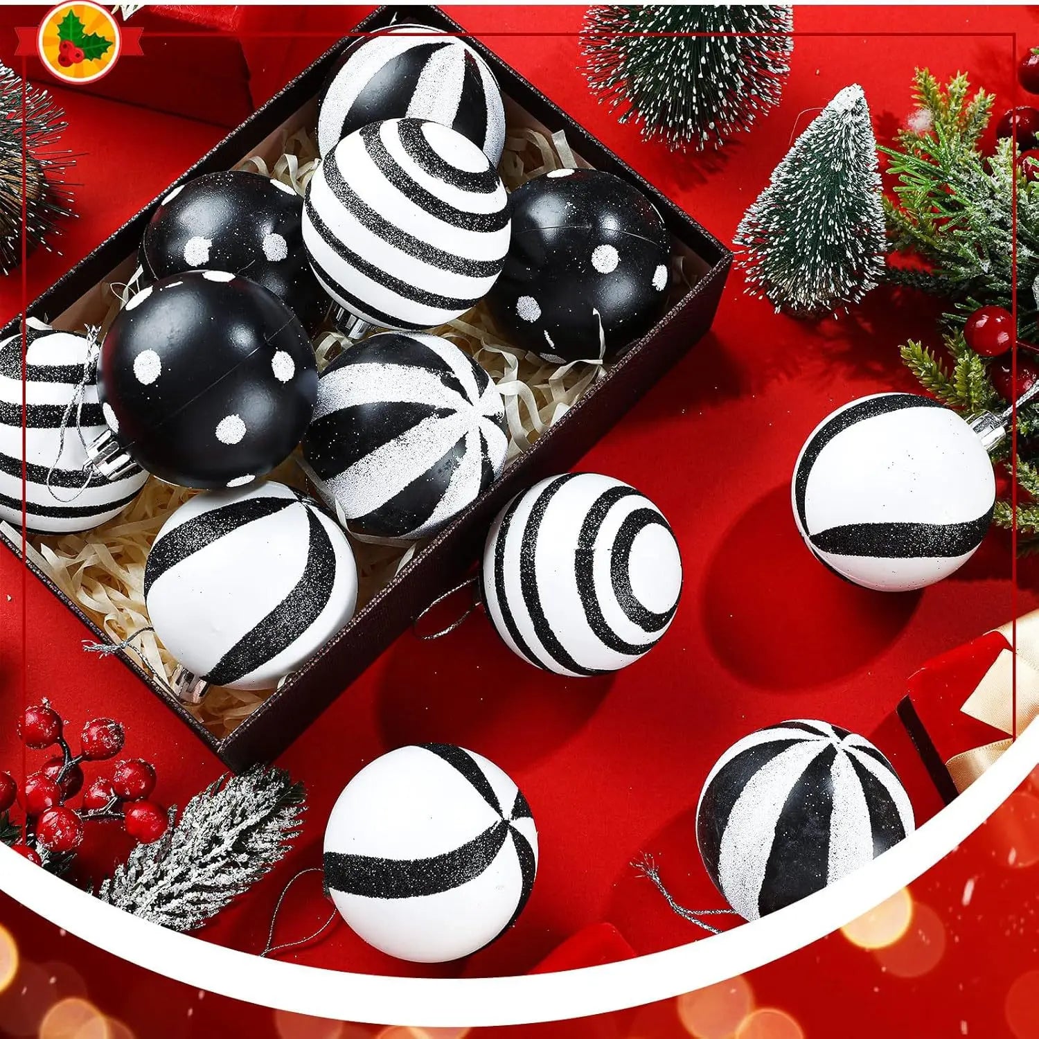 24 Christmas Black And White Ball Party Tree Decorations Plastic Painted Ornaments 6cm Striped Dot Hanging Balls Oasis Select