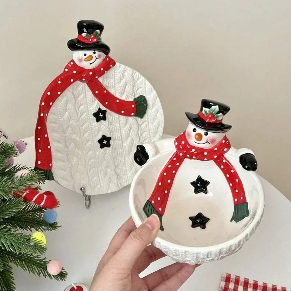 3D Snowman Pattern Plate Ceramic Dinner Plate Bowl Creative Painted Tableware Christmas Dessert Candy Tray Holiday Decor Gift Oasis Select