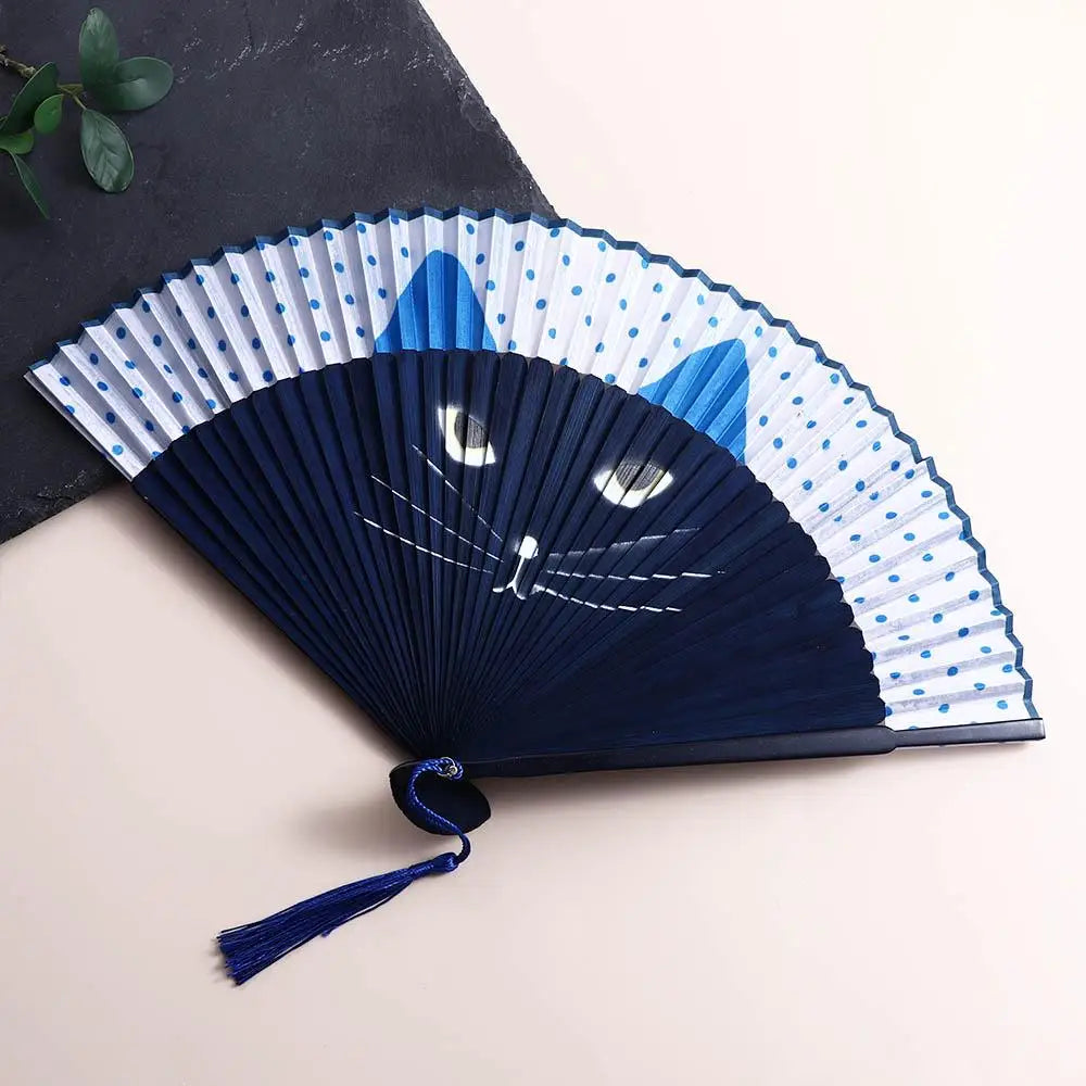 1 pcs Exiquisite Cartoon Summer Gift Bamboo Wooden Cat Patterns Folding Fan Home Decoration Fan Crafts Silk Fan Oasis Select