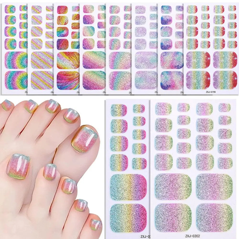 Gradient Glitter Toe Nail Polish Stickers Strips Full Nail Wraps Toenail Stickers Shiny Colorful Gel Toe Nail Decals for Women Oasis Select
