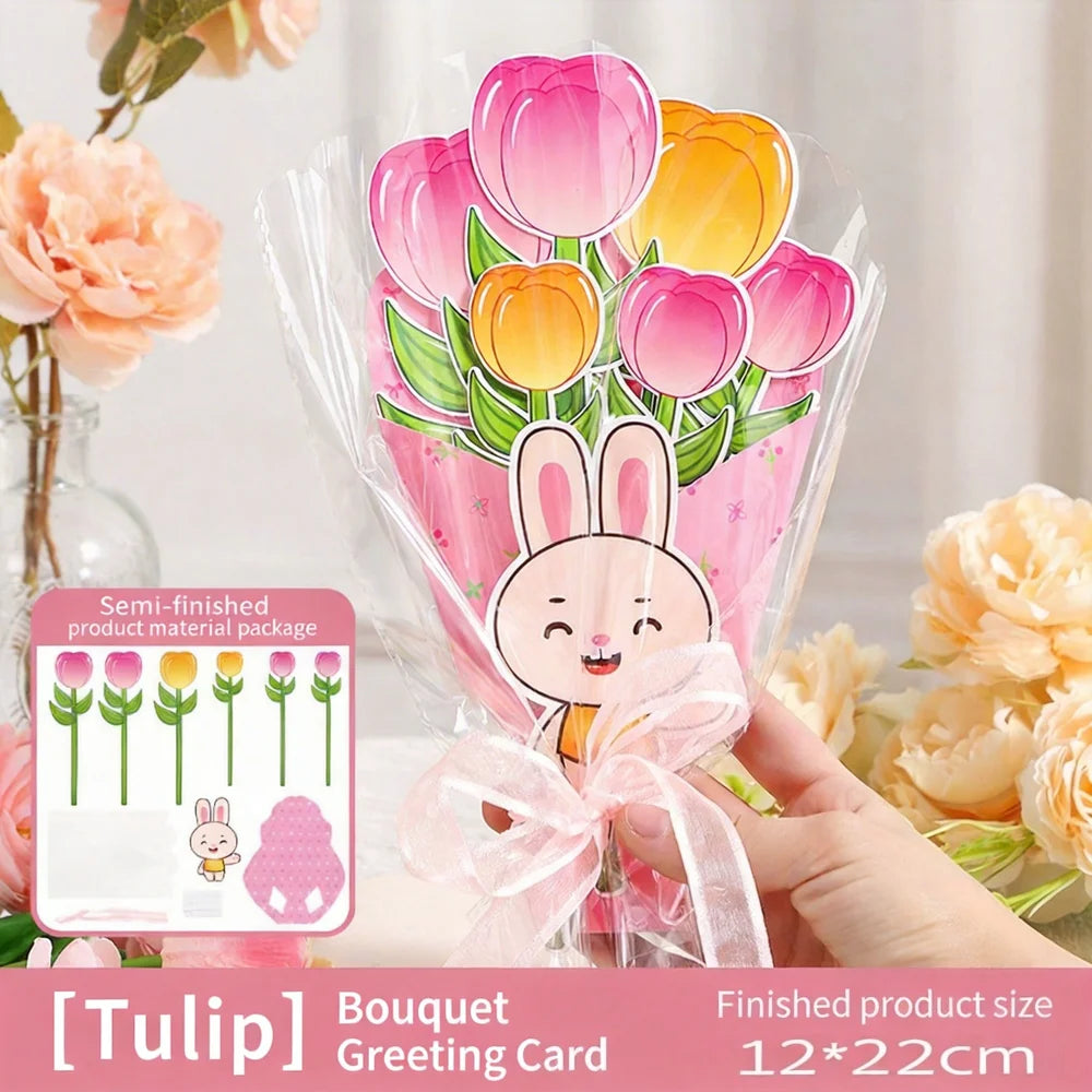 3D DIY Flower Bouquet Greeting Card Paper Craft Kit with Ribbon