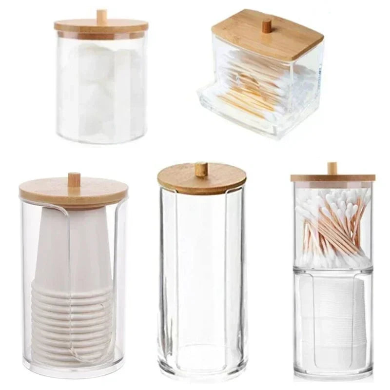 Acrylic Storage Box Bathroom Jar Makeup Organizer Cotton Round Pad Holder Cotton Swab Box Qtip Holder Dispenser with Bamboo Lid Oasis Select