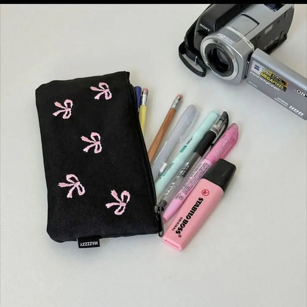 Funny Canvas Cute Embroidered Bag Bowknot Square Shape Stationery Bag Lovely Print Storage Bag Oasis Select
