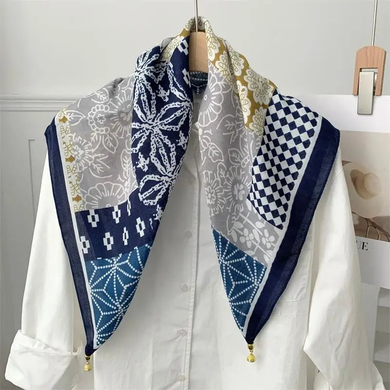 70x70 Retro Print Square Silk Scarf with Magnetic Buckle