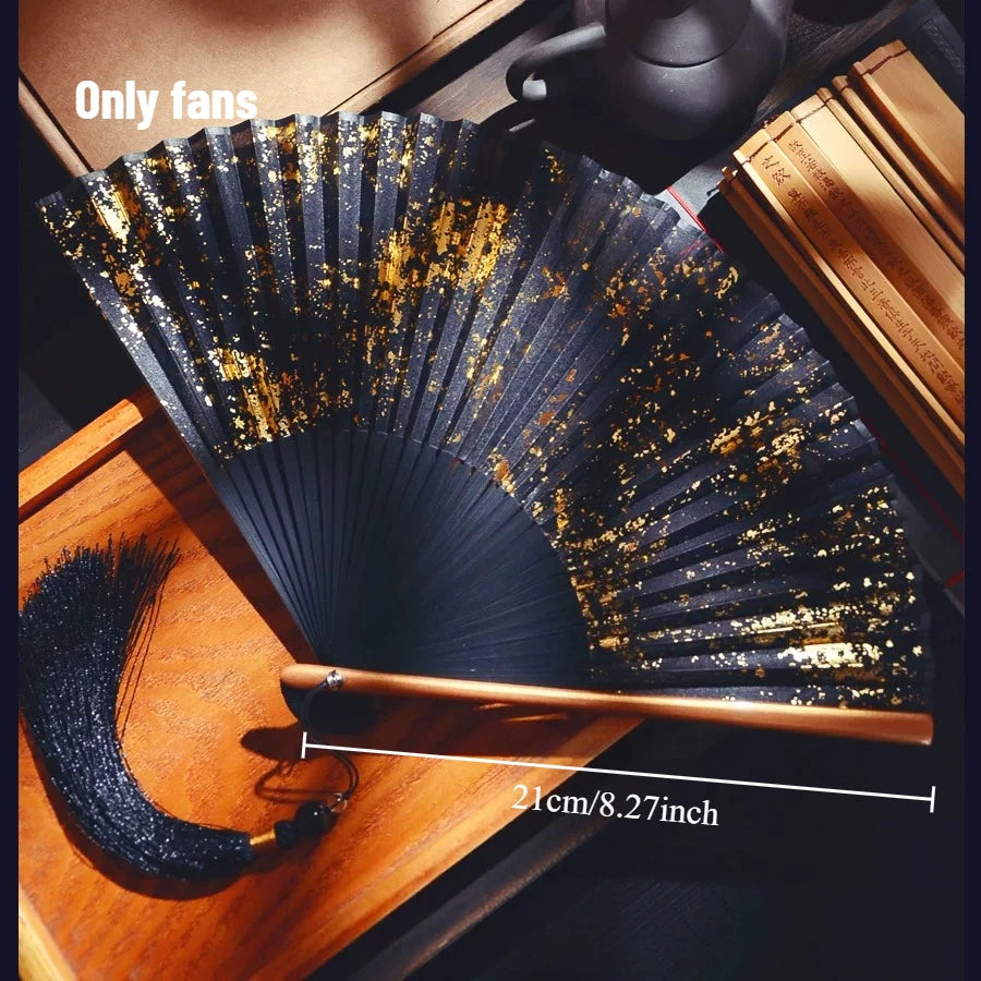 Gold Sprinkled Silk Folding Fan 6 Inch Pocket Size Sino Japanese Style Classic Handheld Decor for Ladies Daily Wear Oasis Select Gold