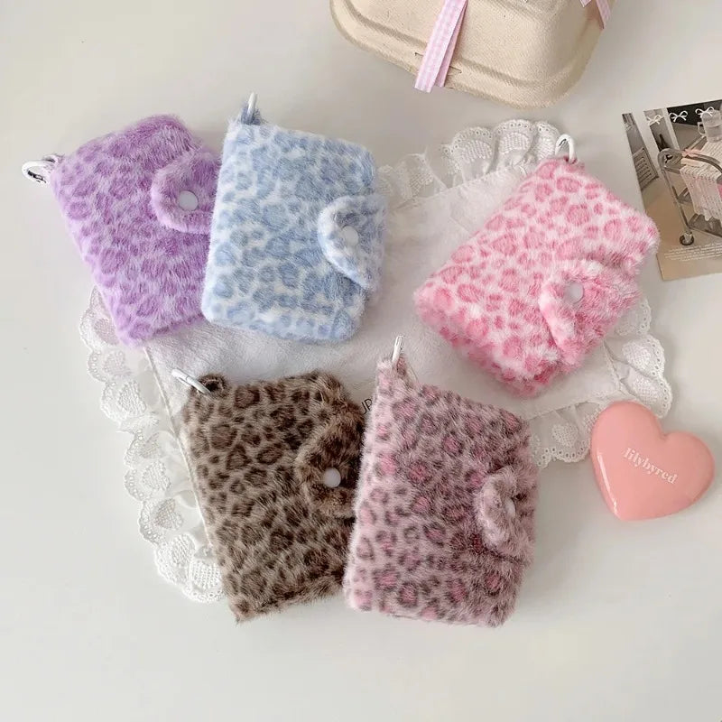1pcs Female Leopard Print Plush Snap Button Coin Purse High-value Pendant Small Wallet Student Portable Meal Card Storage Bag Oasis Select