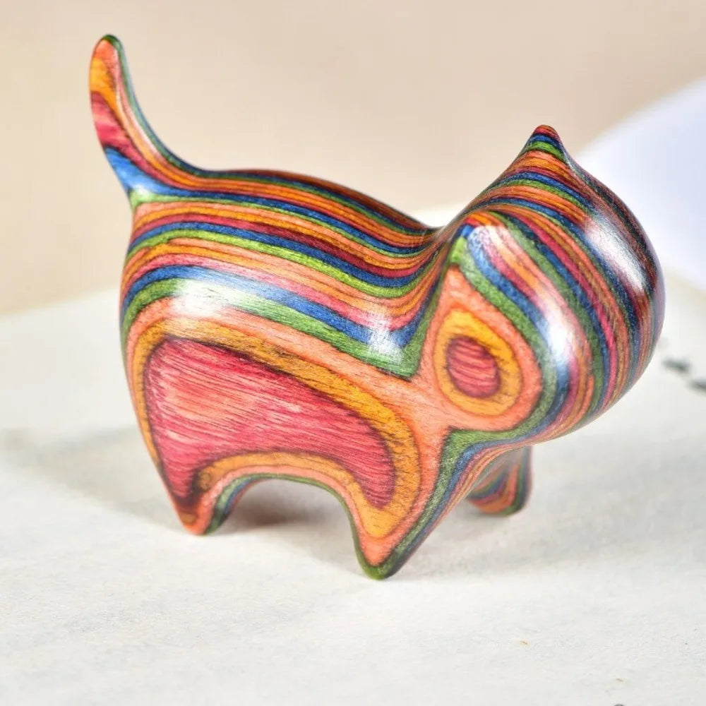 Handmade Wooden Cat Figurine with Bell | Natural Wood Decor Wood Cat Figurine Oasis Select Colorful No Bell