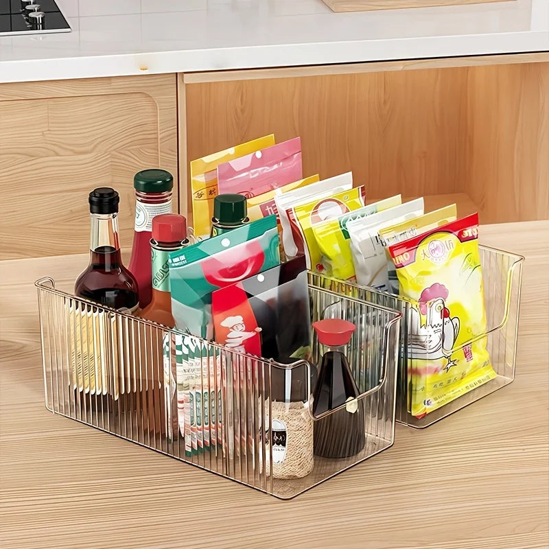 Clear Acrylic Kitchen Organizer Bin with Detachable Dividers Ribbed Pantry Storage Basket for Spices Snacks Cabinet Oasis Select