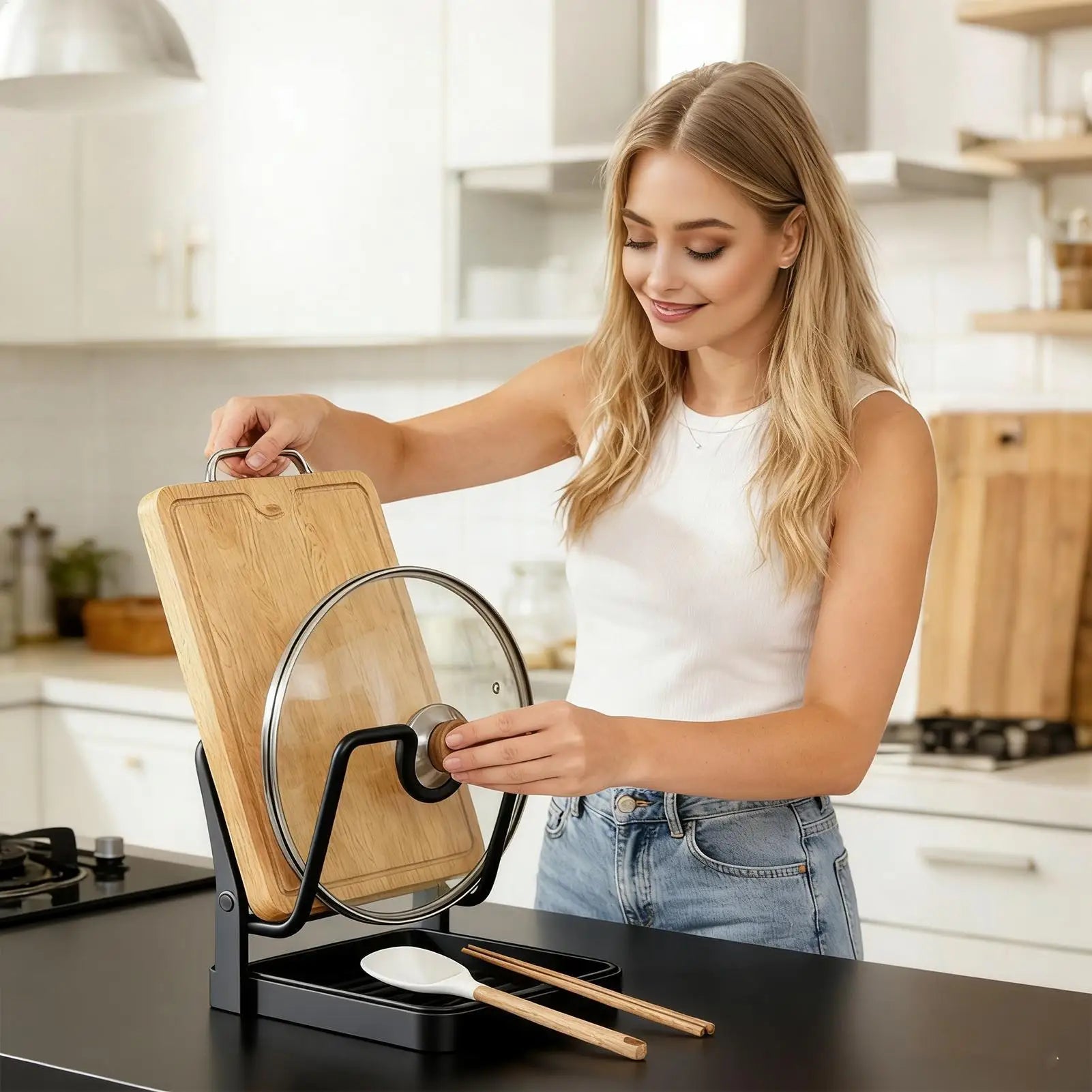 Pot Lid Rack Space Saving Anti-Slip Kitchen Stand Pot Lid Storage Organizer Drying Holder for Ladle Spatula Spoon Plate Dish Oasis Select