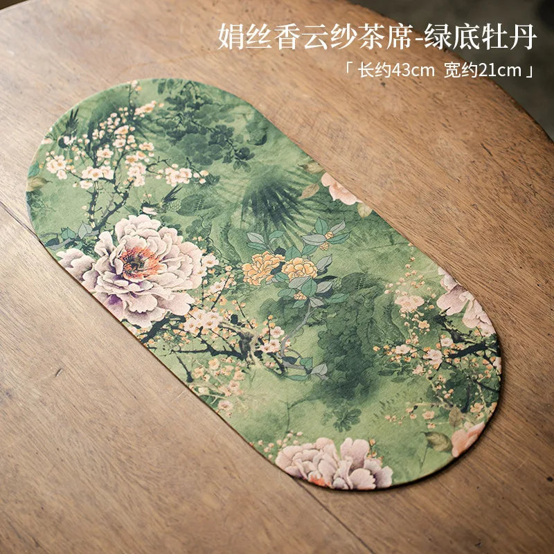 Double-sided Silk Fragrant Cloud Yarn Tea Mat Chinese Style Tea Table Heat Insulation Waterproof Mat Chinese Zen Dry Foam Mat Oasis Select Background Peony