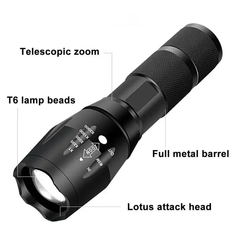 T6 Strong Light Flashlight LED Aluminum Alloy Telescopic Zoom Battery Version Outdoor Searchlight Remote Flashlight Oasis Select