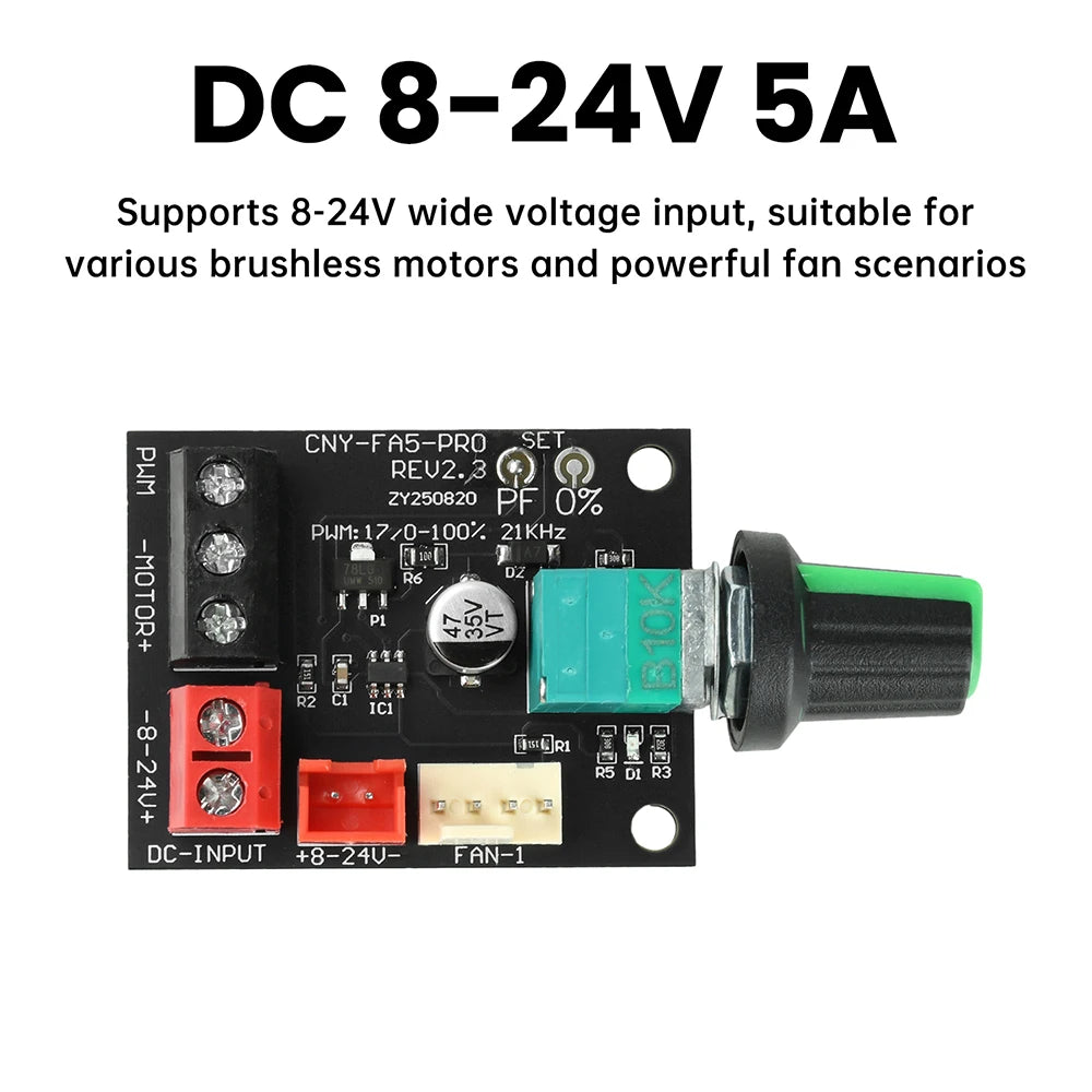 DC 8-24V 5A 4-wire Fan Speed Regulator DC Brushless Motor PWM Controller 0-100% Duty Cycle Adjustable 12V 24V Oasis Select