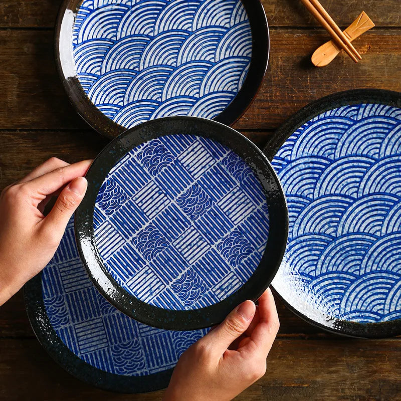 Japanese Blue And White Wave Pattern Tableware Ceramic Dinner Plate Household Flat Plate Sushi Plate Breakfast Plate Oasis Select