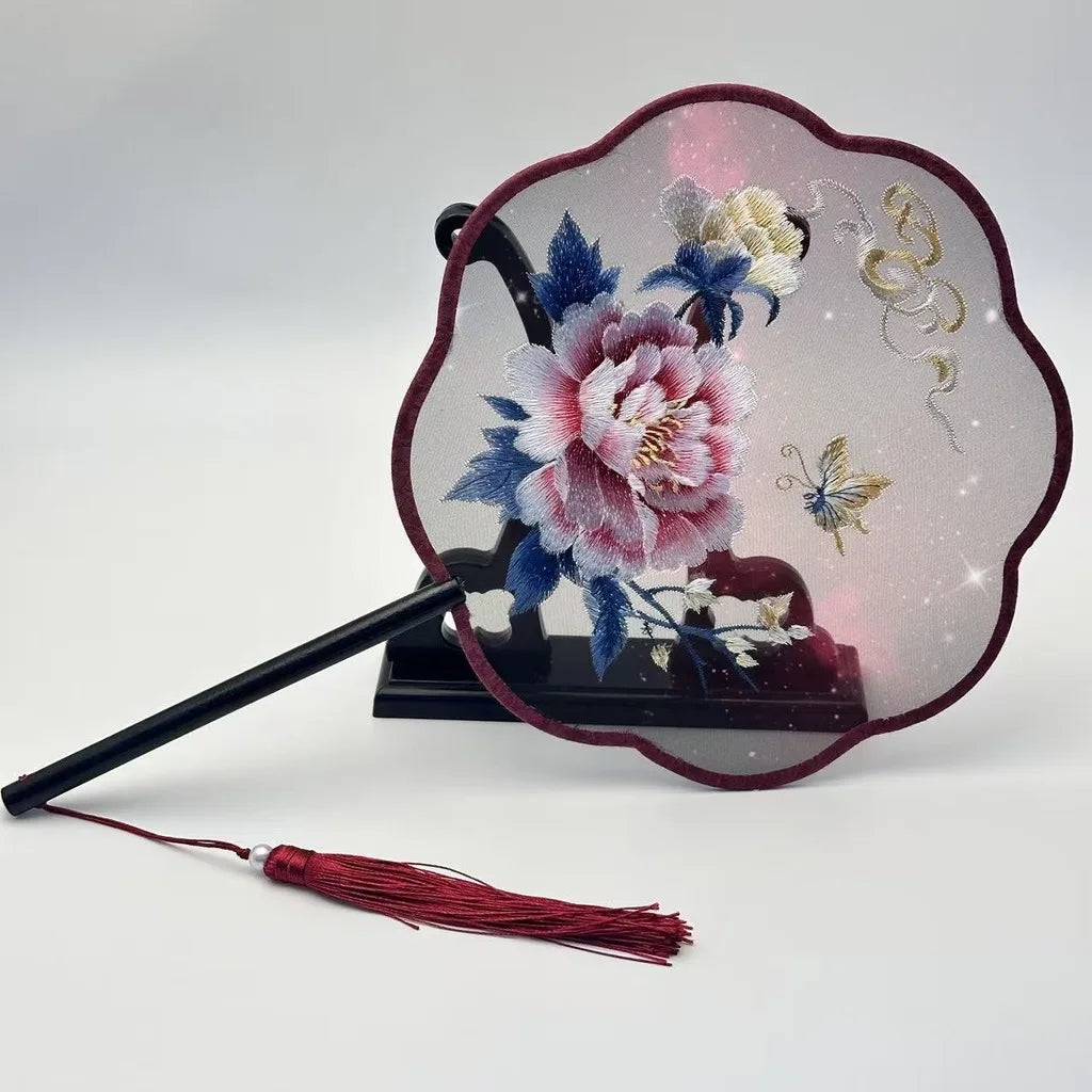 Chinese Style Silk Round Fan Double-sided Floral Embroidery Hand Fans with Tassel Summer Dance Fan For Women Wedding Home Decor Oasis Select Assorted Colors-010