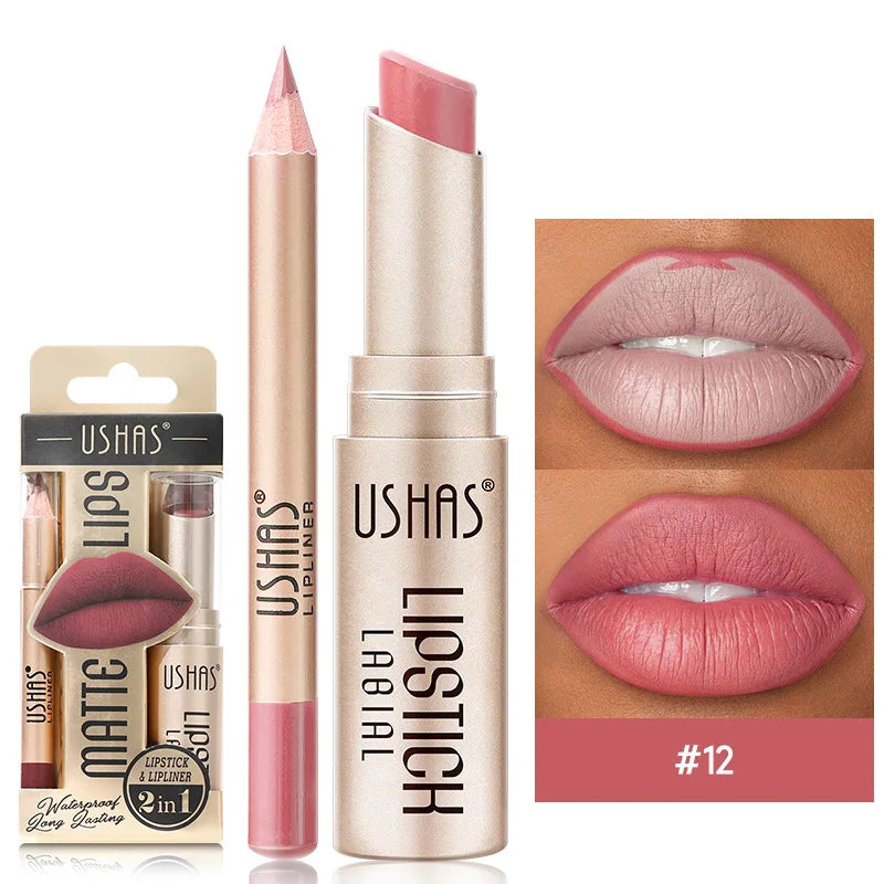 USHAS 12-Color Matte Lipstick & Lip Liner Set – Long-Lasting