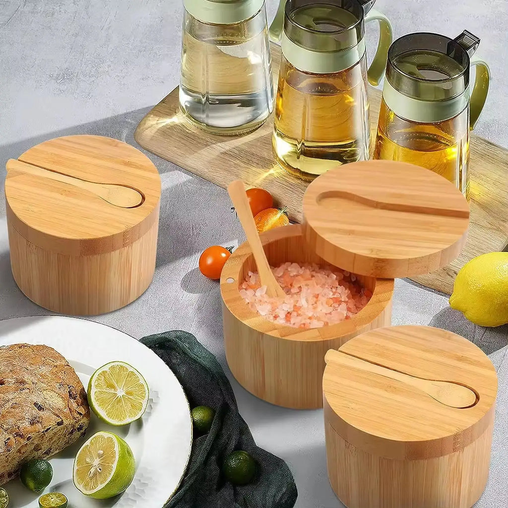Salt Seasoning Jars Pepper Jar Bamboo Condiment Box Bowl Storage Pot Set Wood Sugar Container Holder Lid Function Multi Bowls Oasis Select