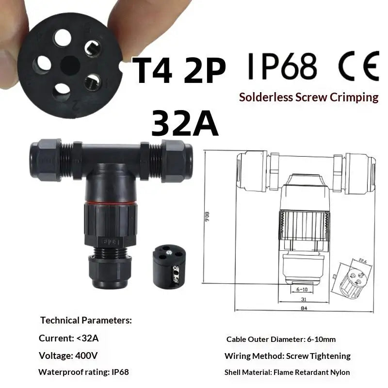 1Pc Quick Screw Push-in Terminal, IP68 Waterproof T-Type Electrical Connector 2/3/4/5 Pin, Wiring Harness Junction Box Connector Oasis Select T4 D 2PIN 32A