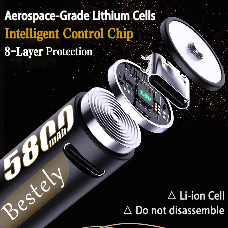 AA Rechargeable Batteries 1.5V 5800mAh Li-ion Battery Long-Lasting High Capacity Lithium Akku, 2000 Cycle with Free USB-C Cables Oasis Select