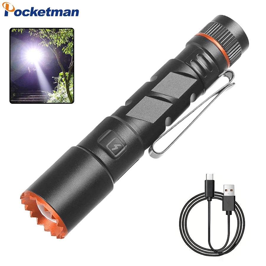 High Power LED Flashlight USB Rechargeable Flashlights Mini Torch Emergency Light Zoom Flashlight Aluminium Alloy Material Oasis Select