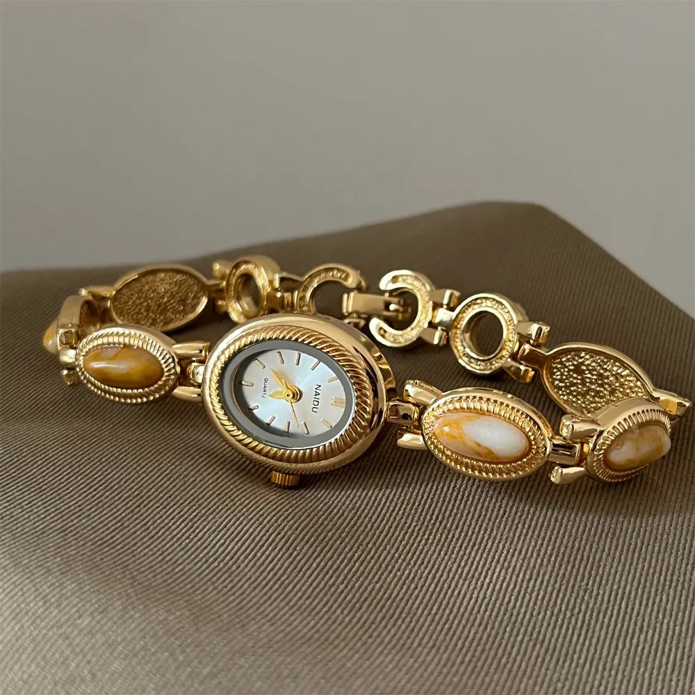 New Colored Gemstones Ladies Watch Oval Luxury Quartz Watch Gift Elegant Wristwatch Oasis Select Yellow